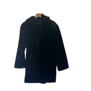 Dennis Basso Black Faux Fur Hood Coat Jacket Elegant Rich Mob Wife Luxe Medium